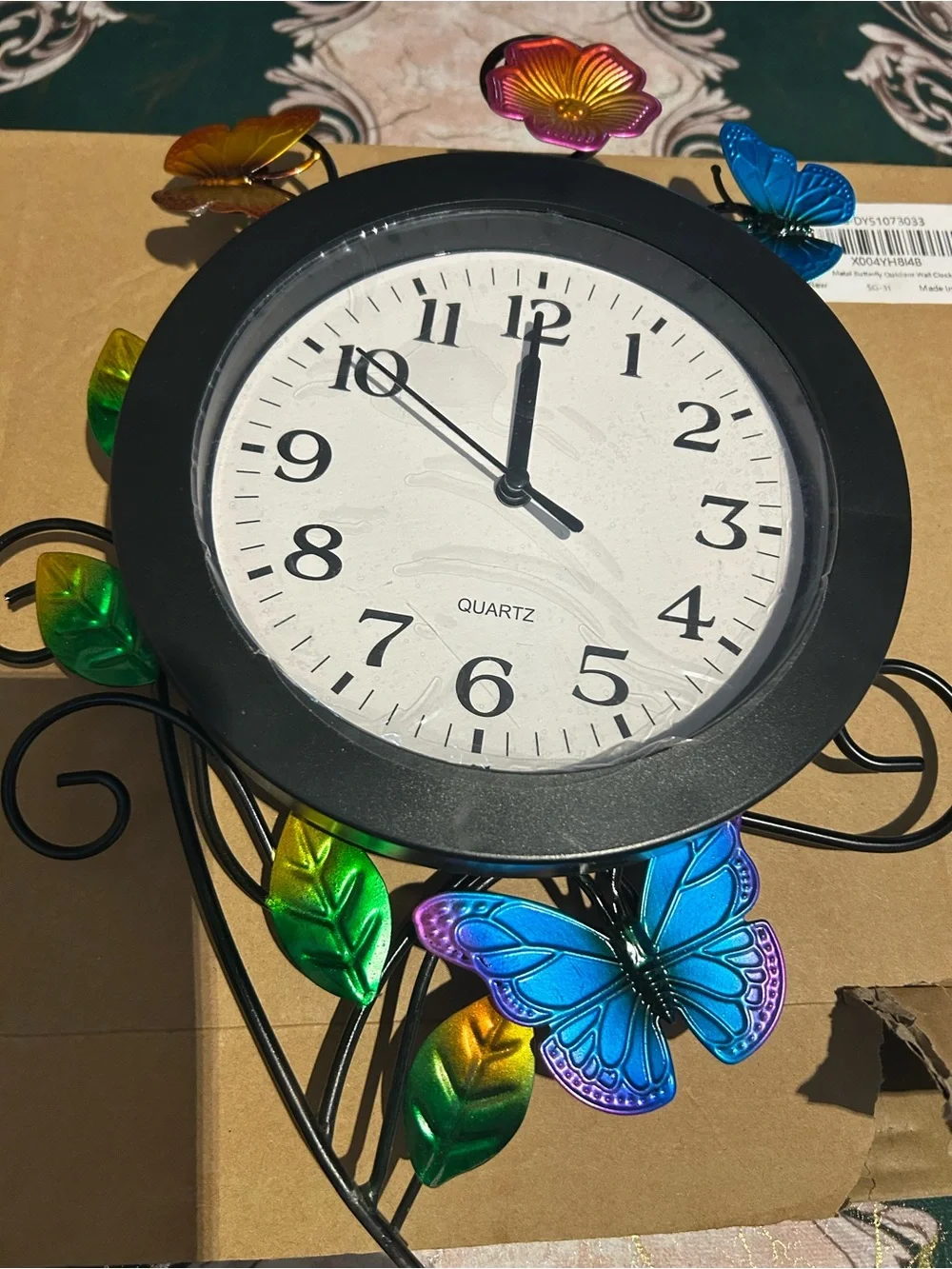 Metal butterfly outdoor wall clock Black Round with Multicolor Butterfly Accents